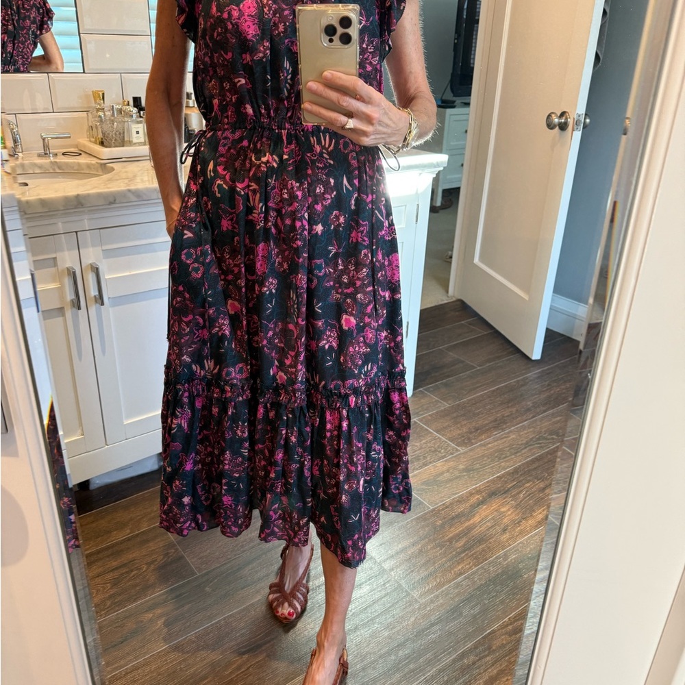 Ulla Johnson Black and Pink Floral Midi Dress